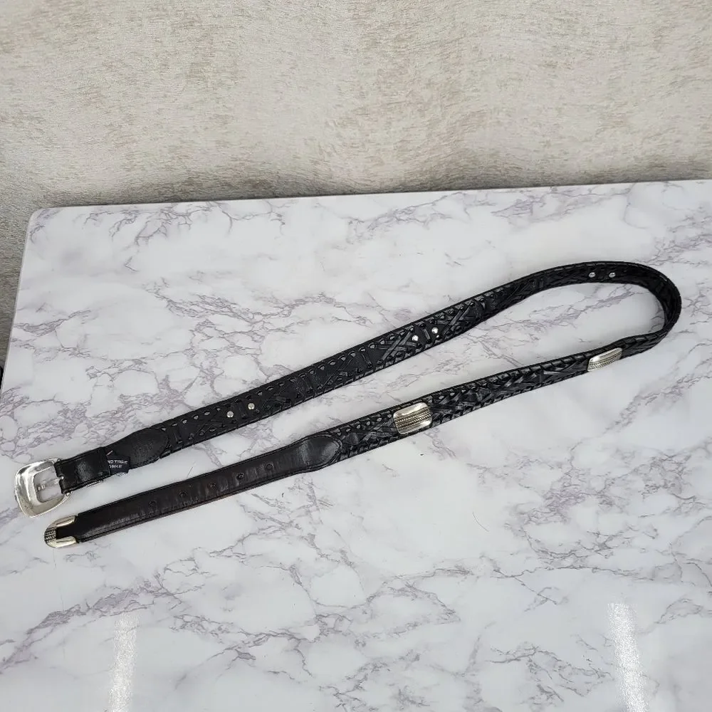 Roundtree & Yorke Black Woven Leather Belt with Silver & Gold Toned Conchos